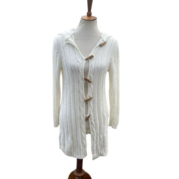 Fancy Design White Knit Hooded Sweater Jacket Toggle Buttons Size S/M NWOT - Picture 2 of 9